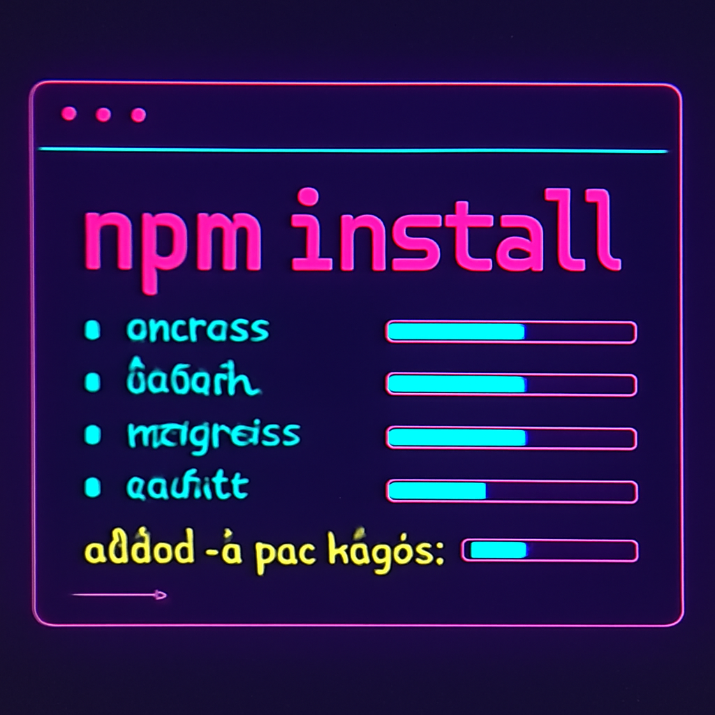 npm install command in terminal with progress bars and package list, developer setup, cyberpunk style