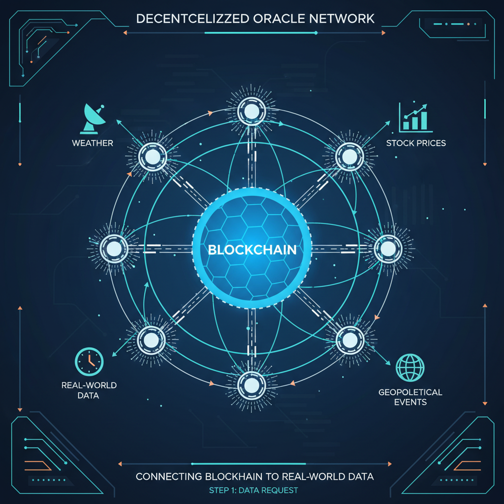 decentralized oracle nodes network connecting blockchain to real-world data, interconnected nodes pulsing data, sci-fi dashboard view