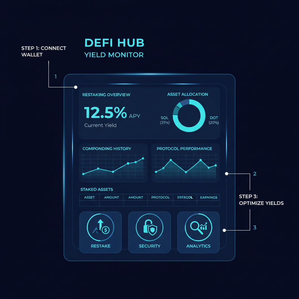 sleek DeFi yield monitoring dashboard showing restaking metrics and charts, holographic interface, dark mode blues