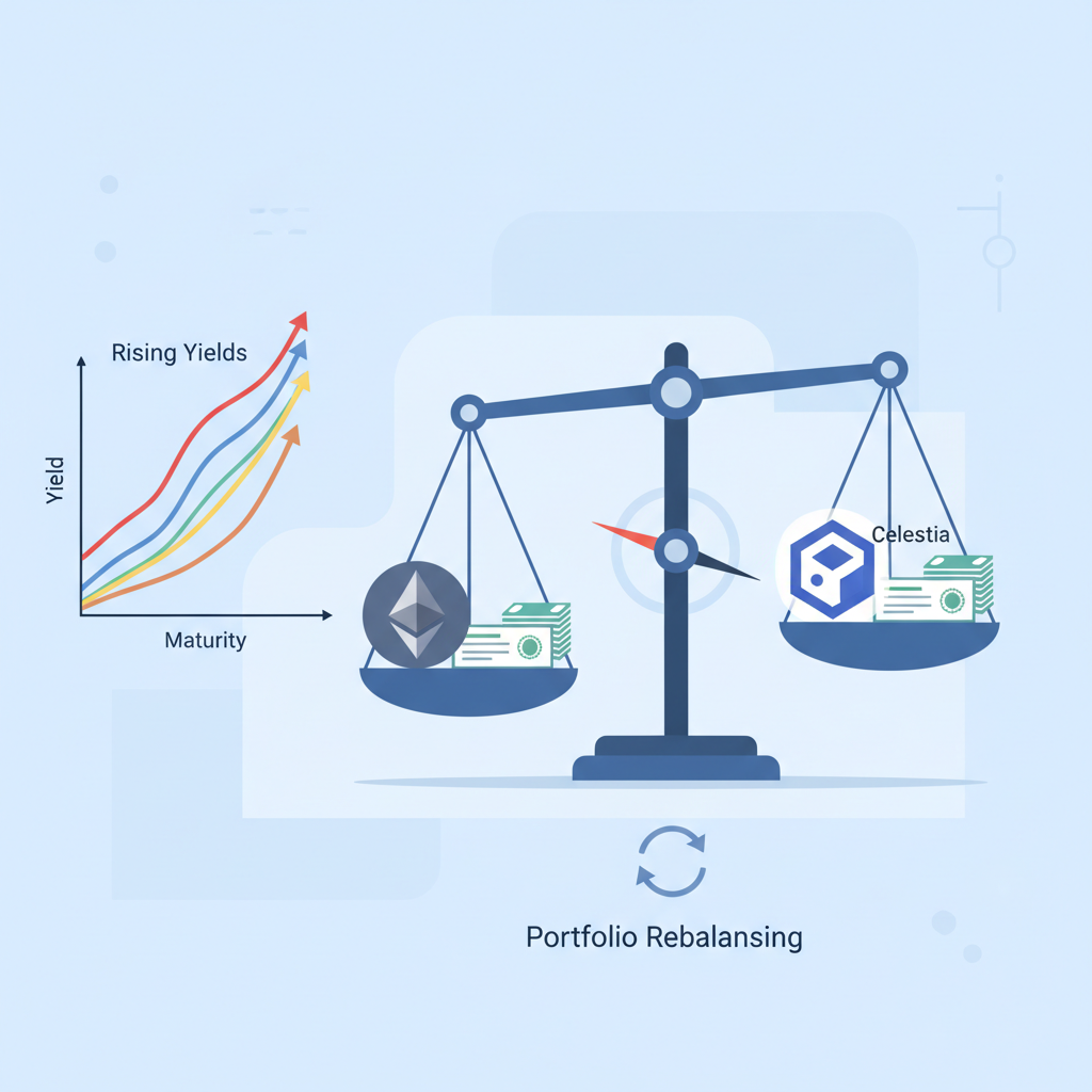 portfolio rebalancing graph with rising yield curves, Ethereum and Celestia icons balancing scales, modern financial viz