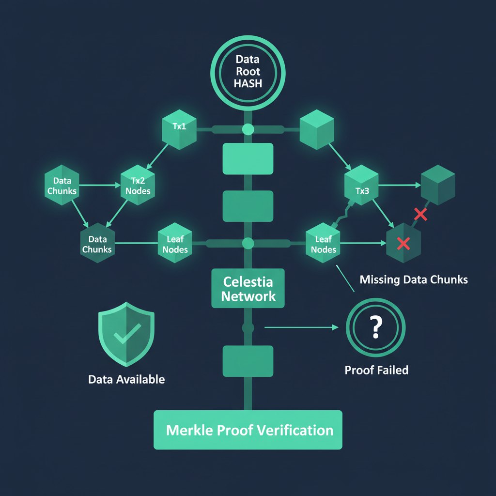 blockchain Merkle tree proofs visualizing data availability on Celestia network, abstract digital tree structure, high-tech green hues