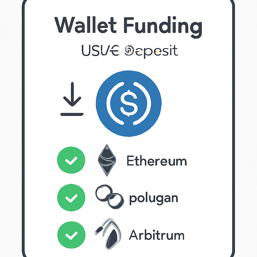wallet funding screen with USDC deposit, blockchain icons, green success indicators