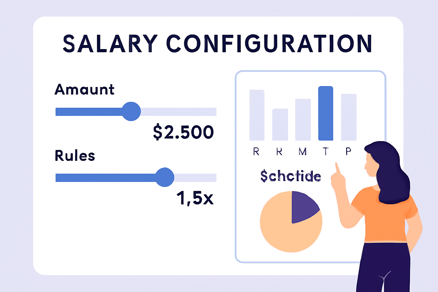 salary configuration dashboard with sliders for amounts and rules, charts showing schedules
