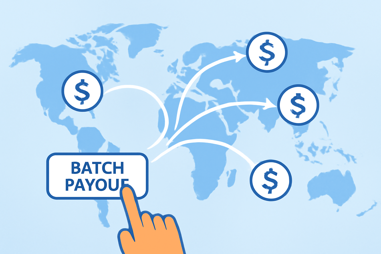 batch payout button activation, global map with payment flows, fast animation style