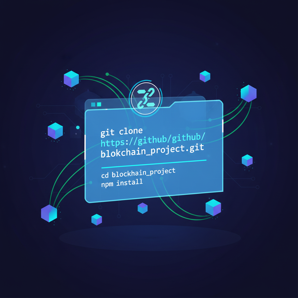 git clone command on holographic screen, blockchain nodes connecting, sci-fi style