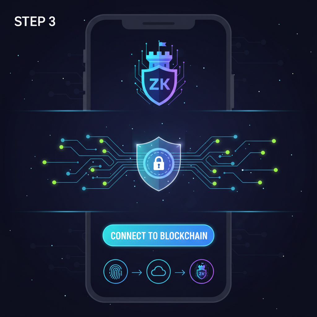 smartphone wallet app connecting to blockchain, zk shield icon, vibrant digital art