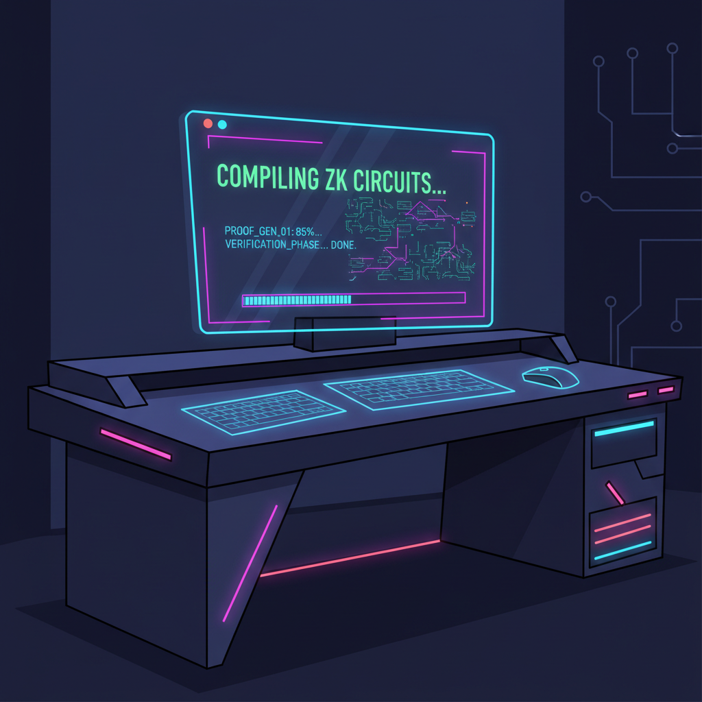 futuristic terminal compiling ZK circuits, neon glow, cyberpunk dev setup