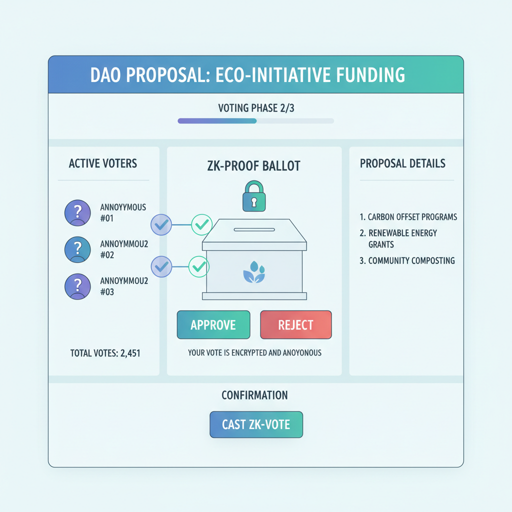 DAO voting interface with zk-proof ballot, anonymous voters casting votes, futuristic UI