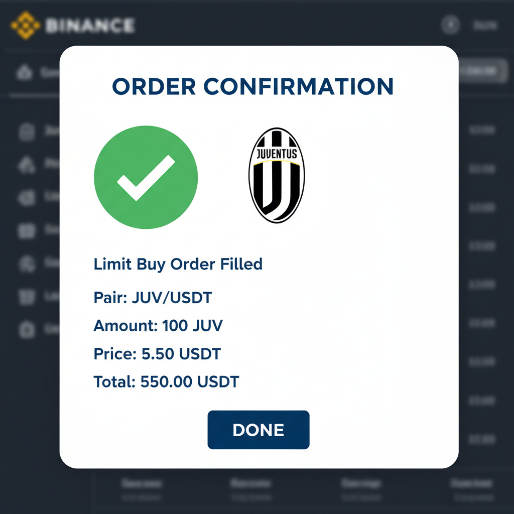 Binance order confirmation popup for JUV limit order, success checkmark, Juventus logo