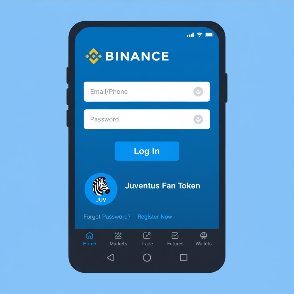 Binance login screen with Juventus fan token icon, energetic blue and black colors, mobile app view