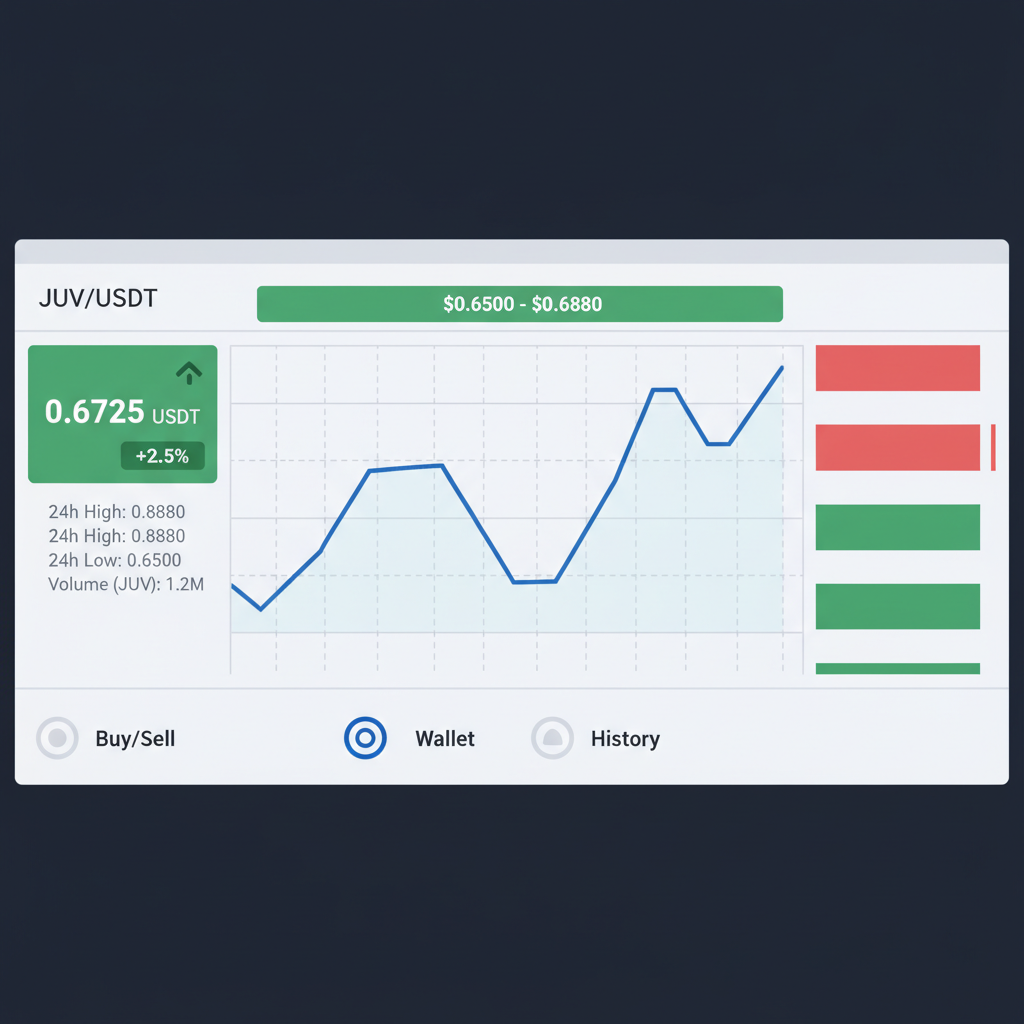 Binance price chart for JUV with 24h range $0.6500-$0.6880 highlighted, monitoring dashboard