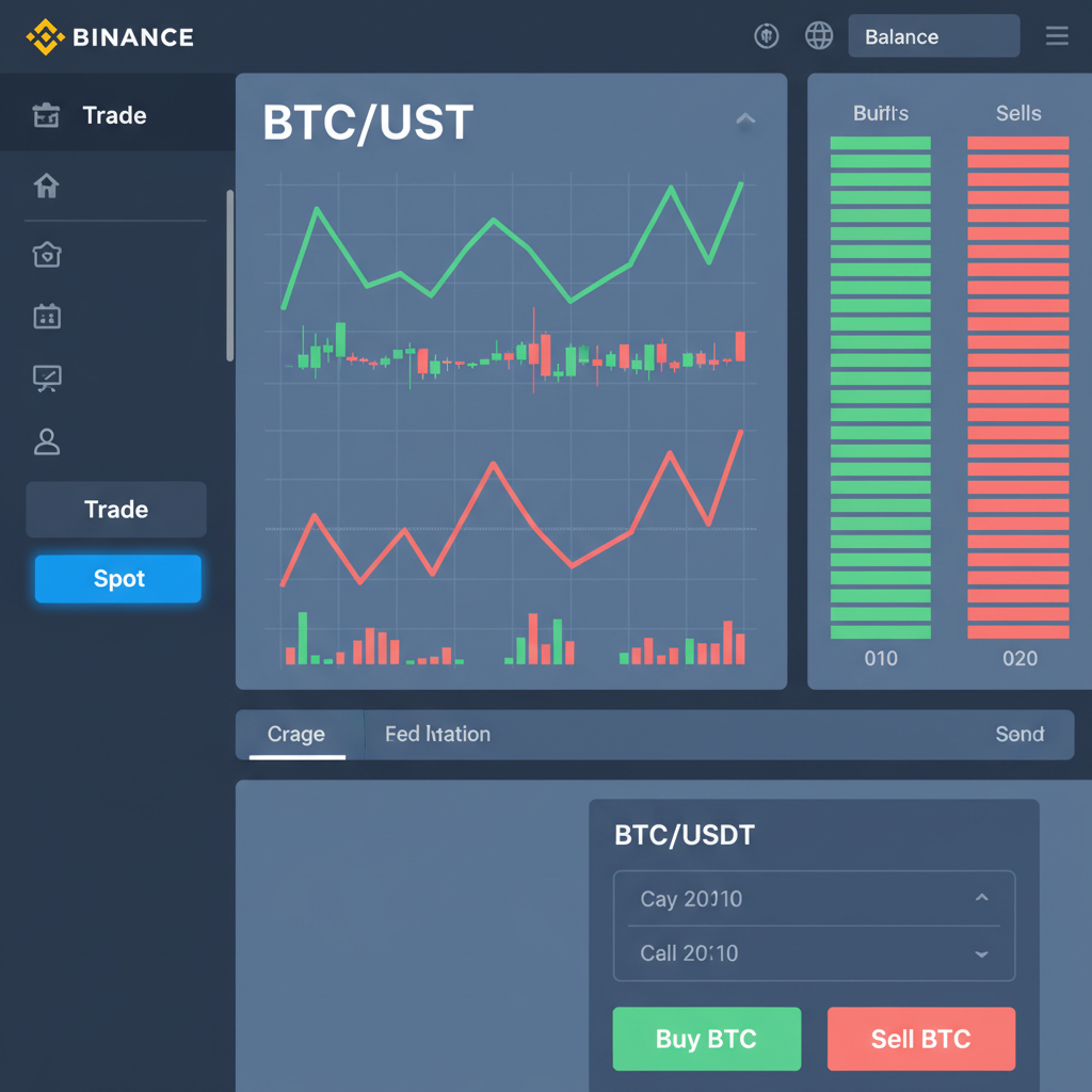 Binance spot trading dashboard highlighting trade spot menu, crypto charts in background