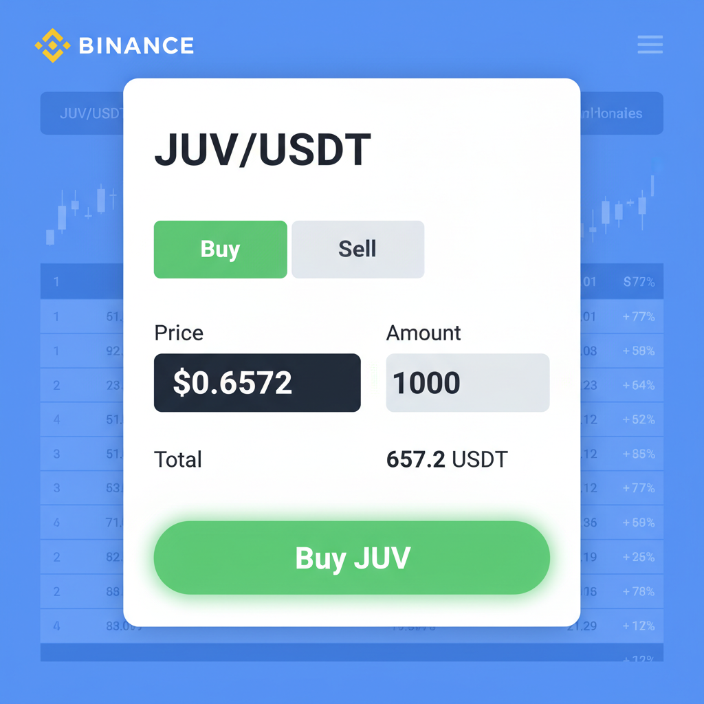 Binance limit order form filled with JUV/USDT, price $0.6572, buy button highlighted