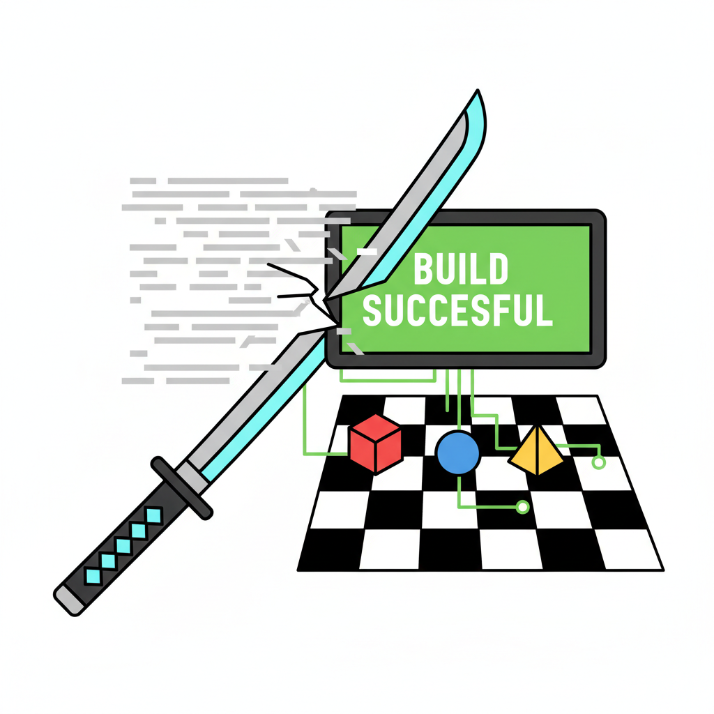 katana sword slashing code build success, terminal output green, game entities testing grid