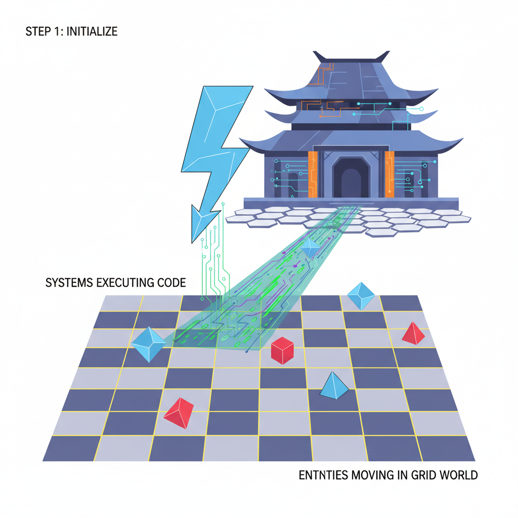 lightning bolt systems executing code, entities moving in grid world, cyber dojo temple background