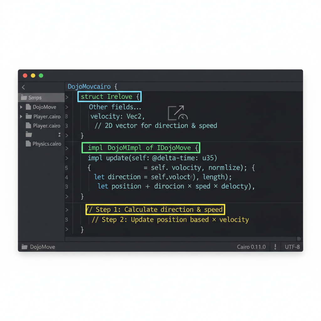 cairo code for Dojo Move model component, velocity direction speed, modern code editor dark mode