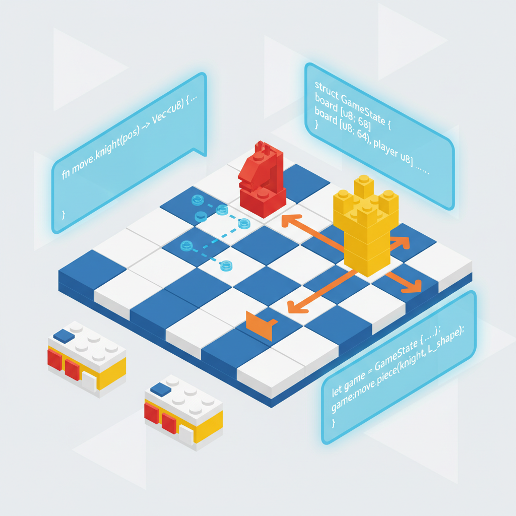 lego bricks forming game components position and moves, cairo code snippets floating, isometric game art