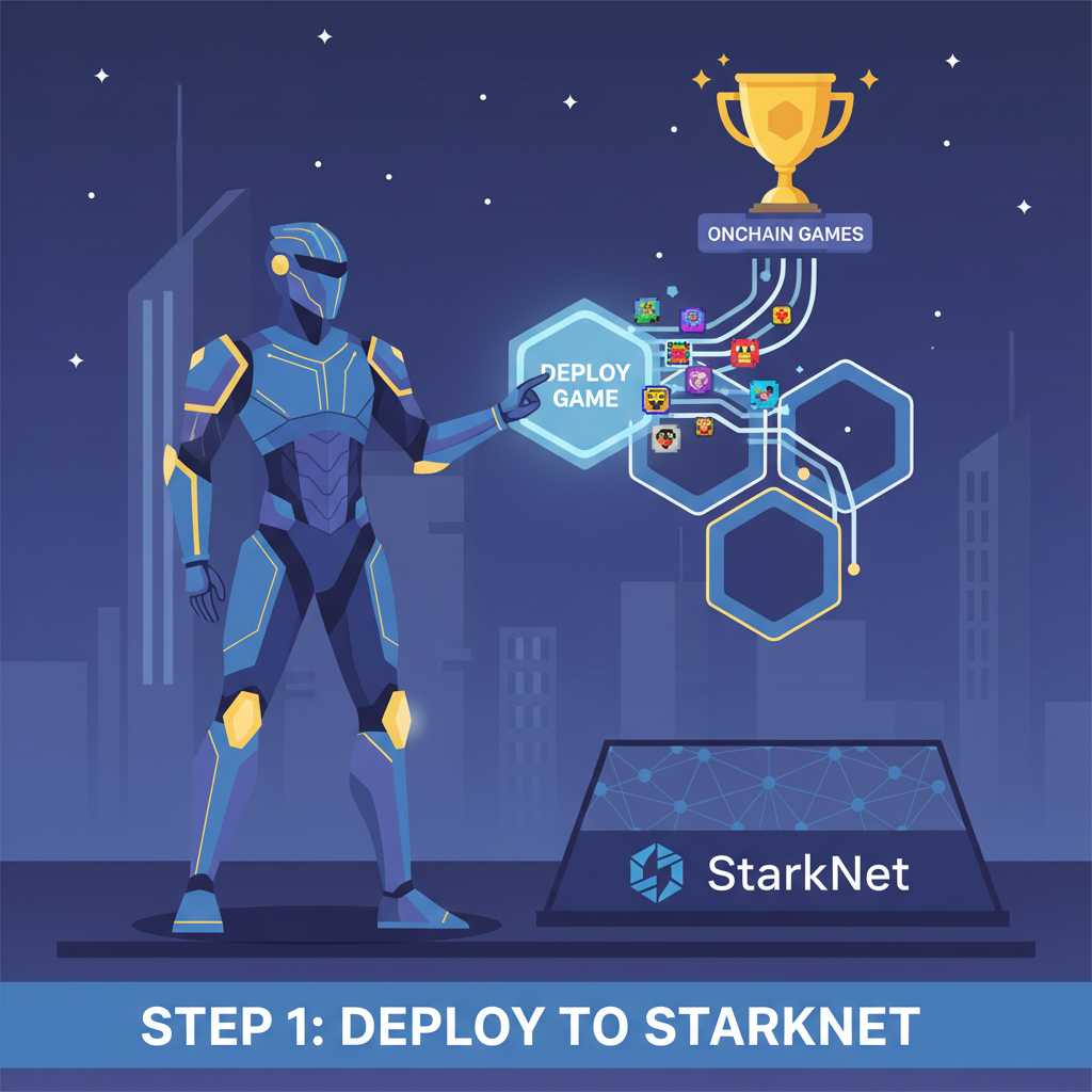 epic warrior deploying game to starknet blockchain, trophy onchain games, futuristic victory scene