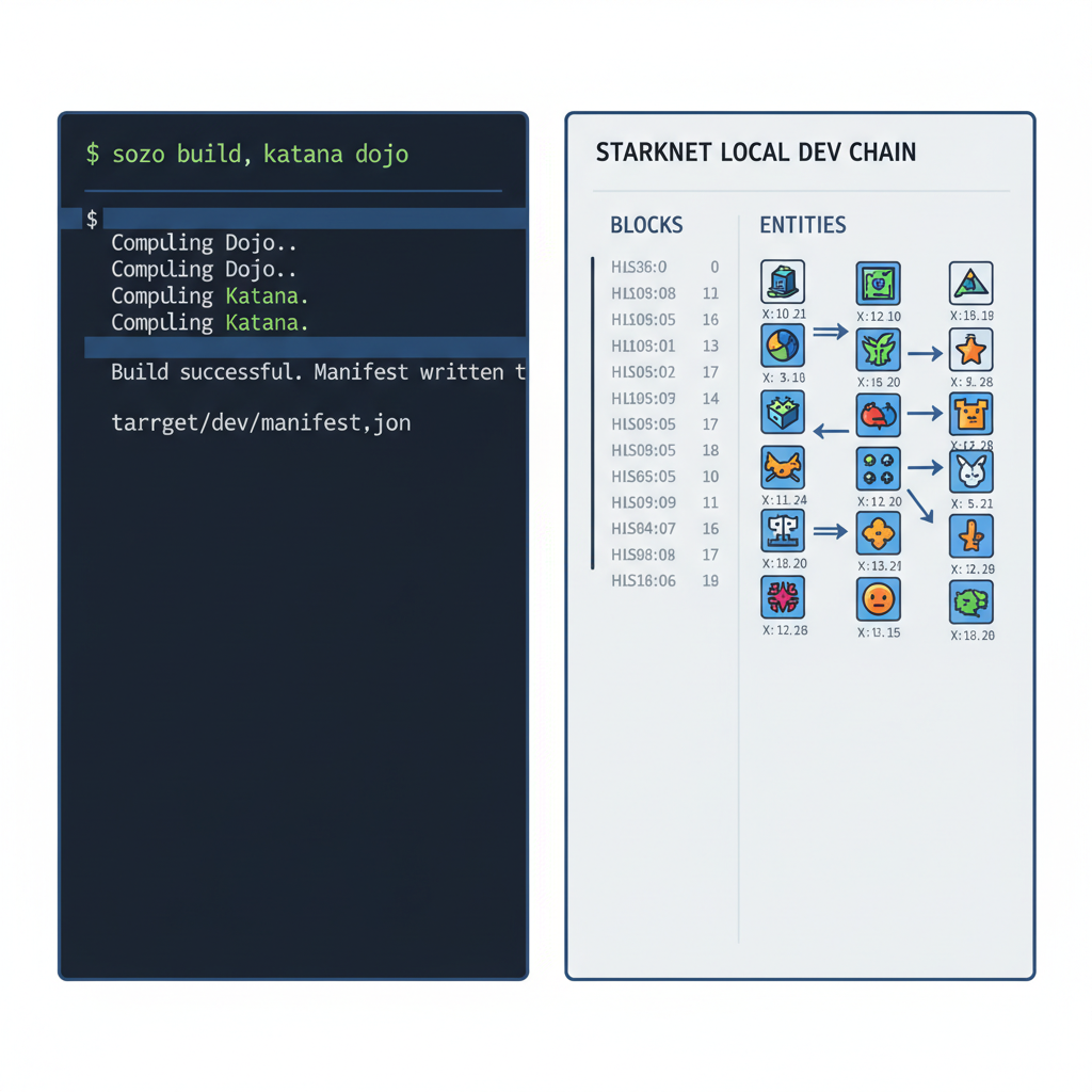 terminal running sozo build katana dojo, starknet local dev chain dashboard with entity positions updating