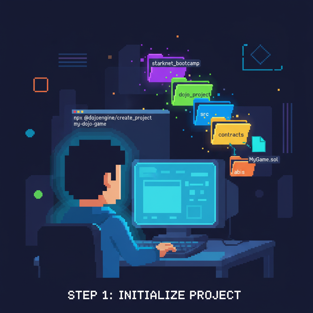 pixel art developer initializing dojo project folder, starknet bootcamp vibe, neon folders opening