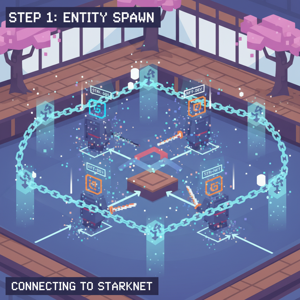 pixel entities spawning in a dojo arena, ids glowing, starknet chain links, action game scene