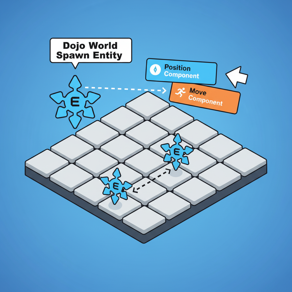 Dojo world spawn entity with Position and Move components, isometric game grid with entity icon
