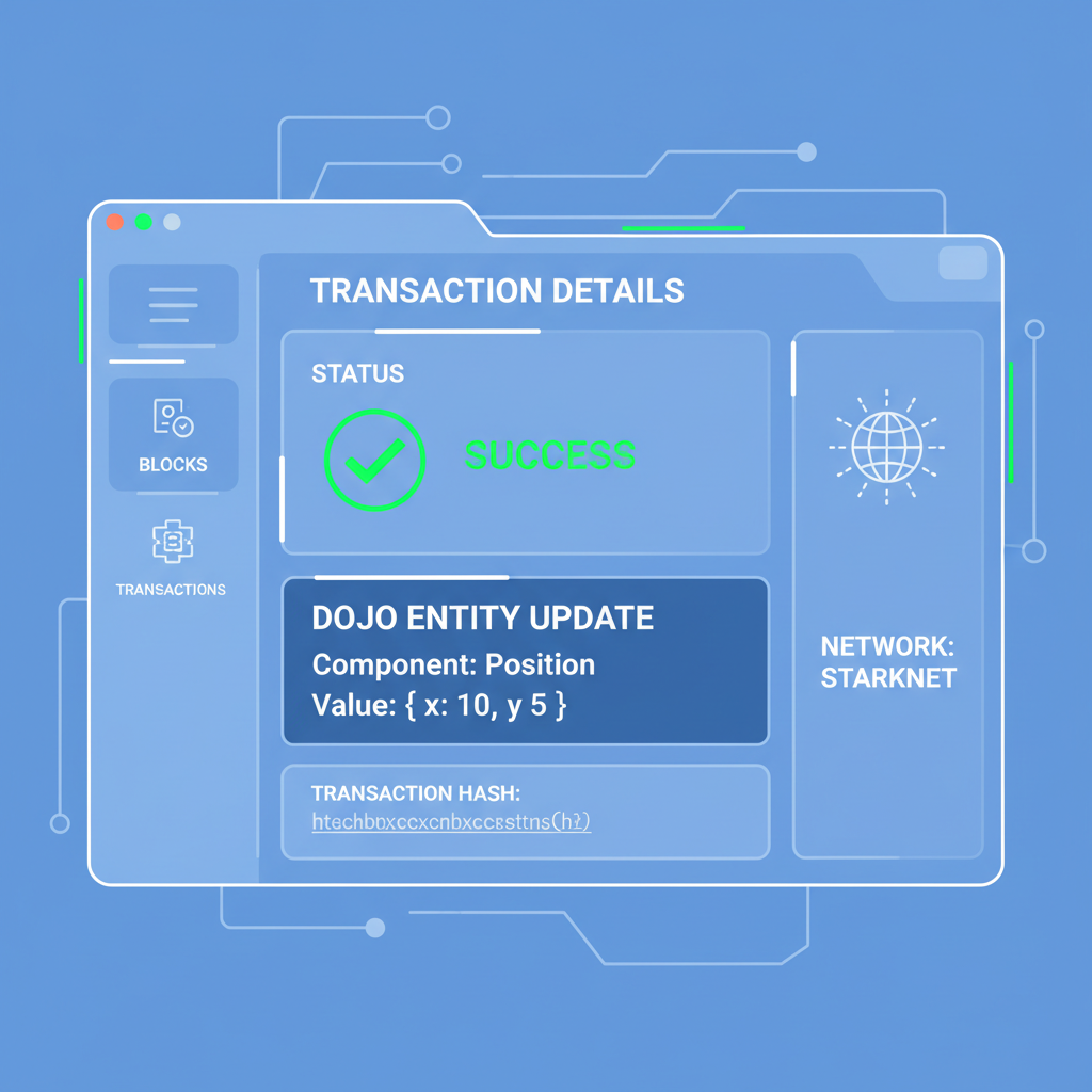 Starknet explorer showing Dojo entity Position component update transaction, success green check, futuristic UI