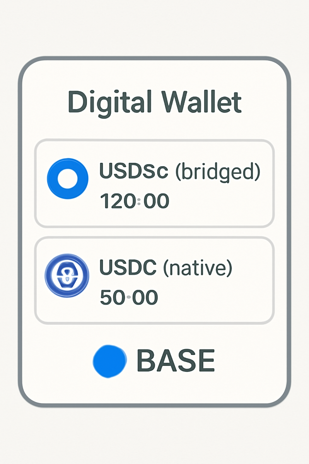 A digital wallet interface displaying two balances: one for USDbC (bridged) and one for USDC (native), with the Base network logo.