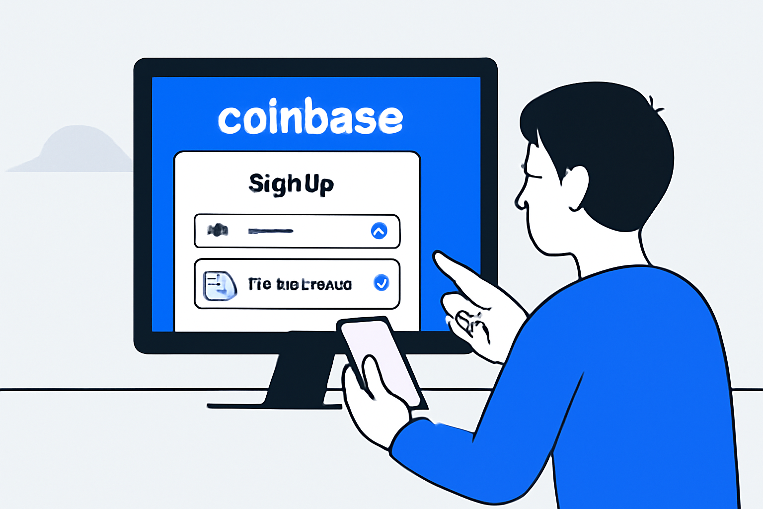 A user signing up and verifying their identity on the Coinbase website, with a computer screen showing the Coinbase logo and verification steps, in a clean, modern style.