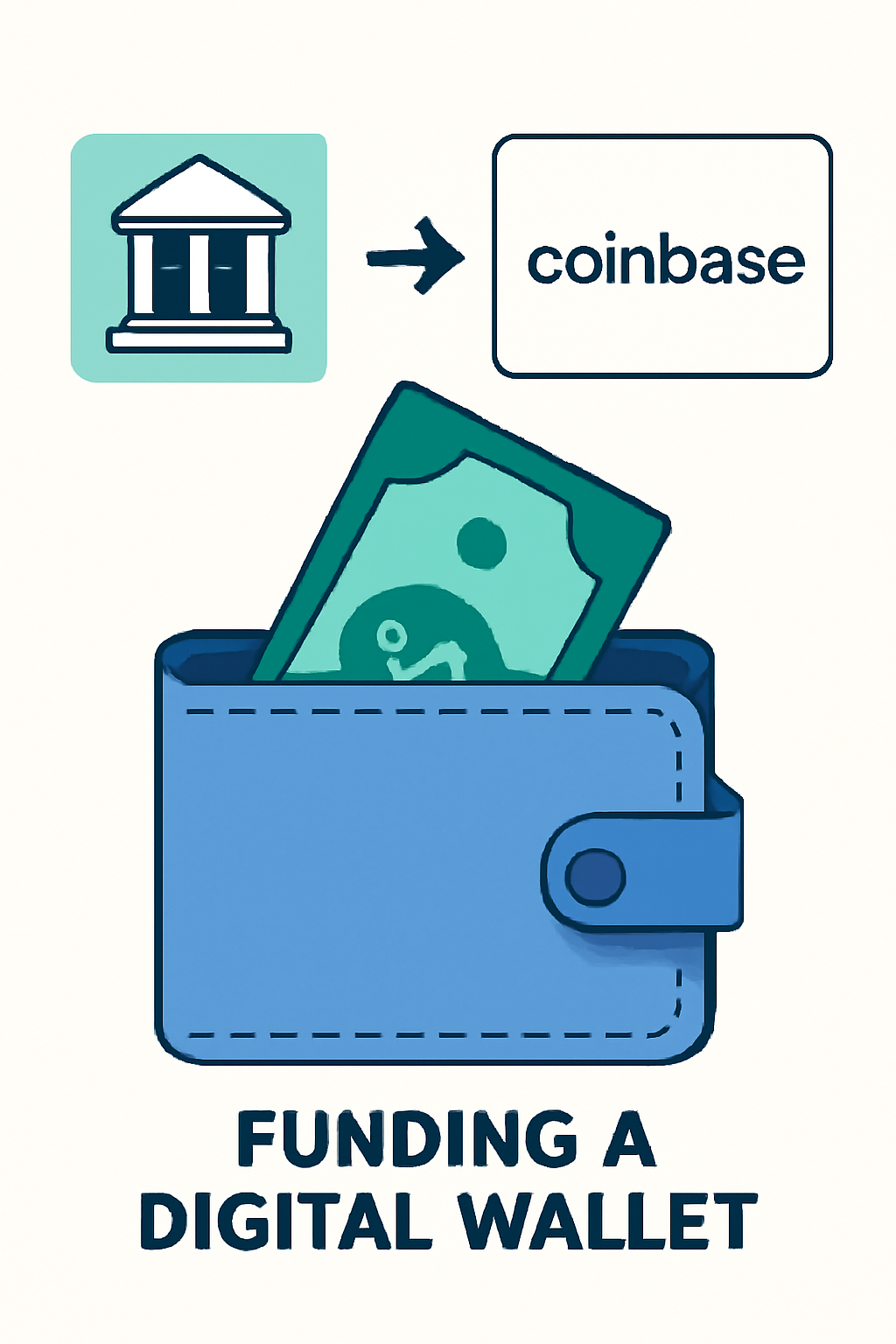 A digital wallet being funded with fiat currency, showing a bank transfer to a Coinbase account, in a clear, illustrative style.