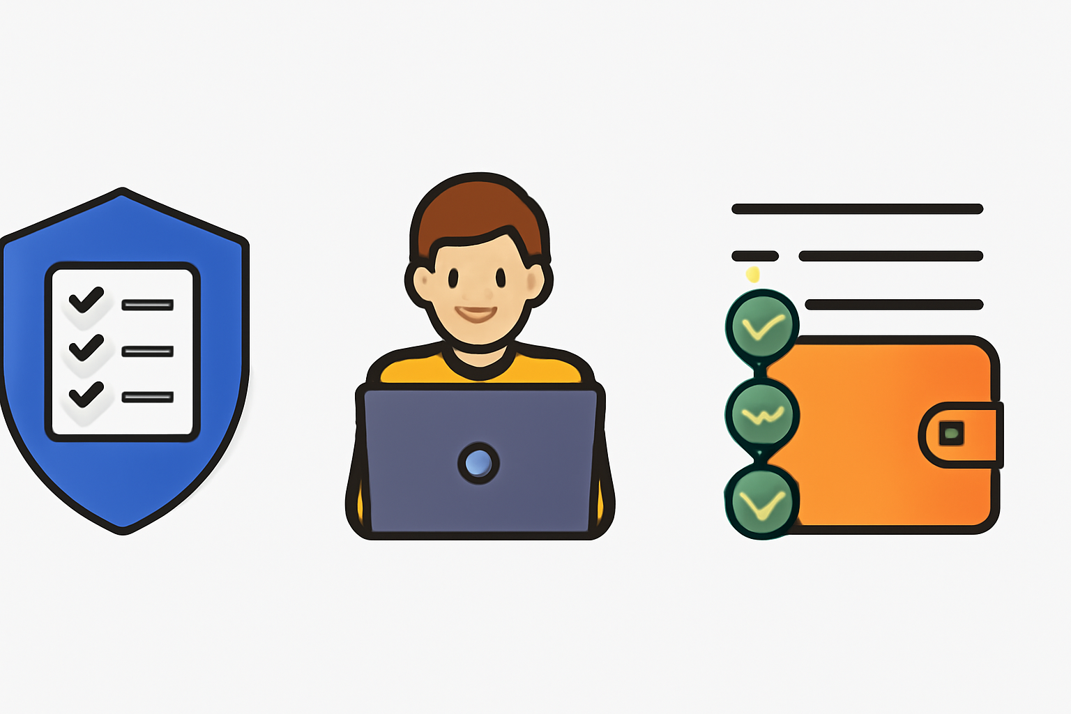 A shield icon with a checklist, a user reading official updates on a laptop, and verified checkmarks on wallet addresses.