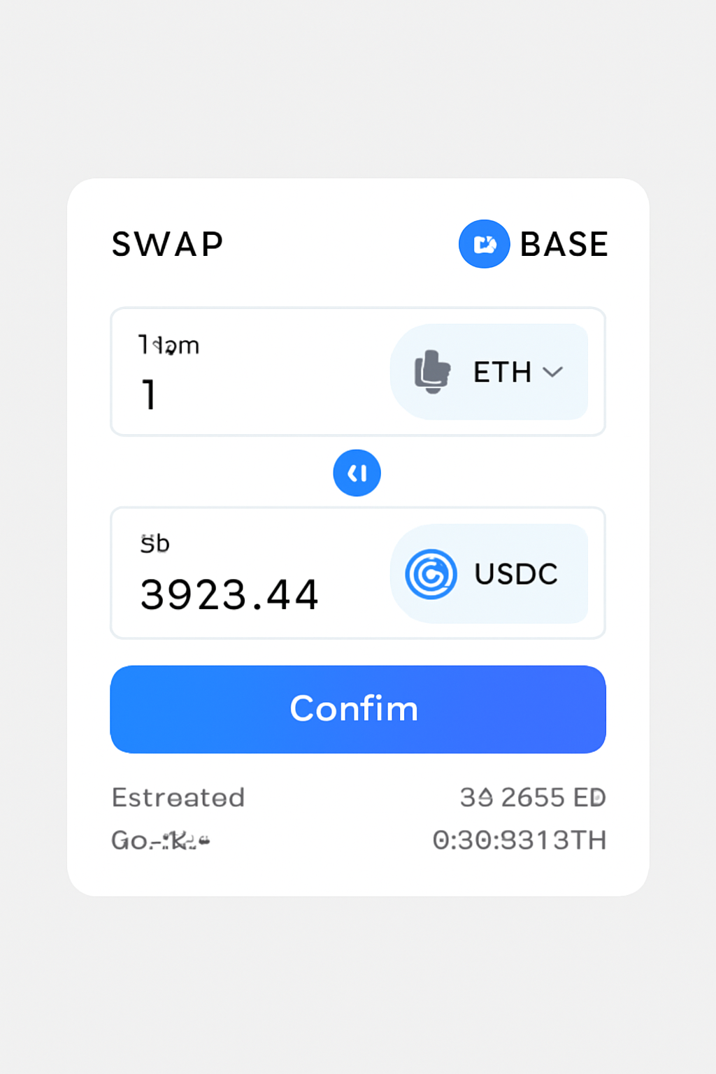 A DEX interface showing a swap from ETH to USDC, with confirmation and gas fee details, on the Base network.