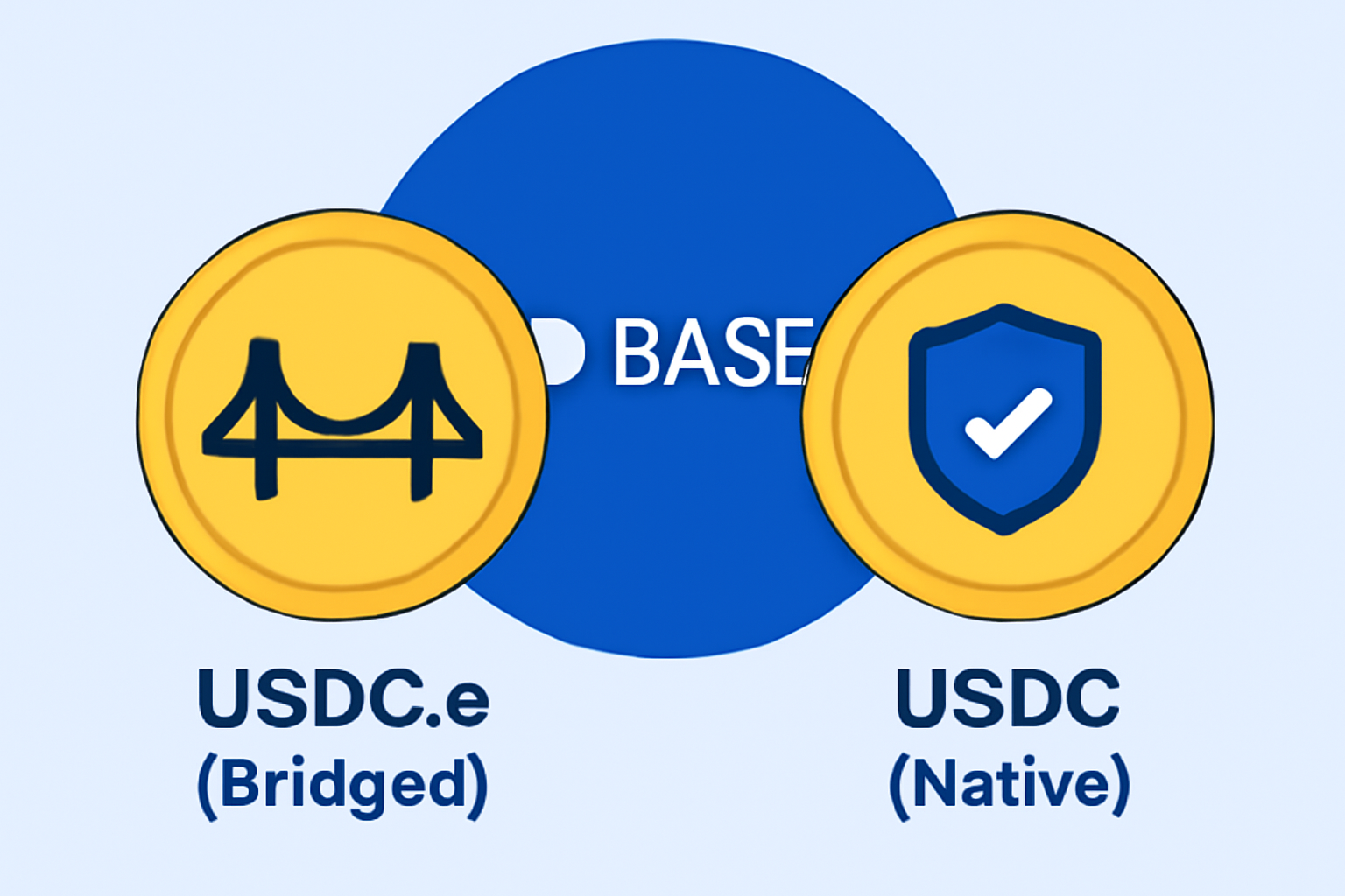 A side-by-side comparison of two coins: one labeled 'USDC.e (Bridged)' with a bridge icon, and the other 'USDC (Native)' with a shield and checkmark, showing the Base network logo in the background.