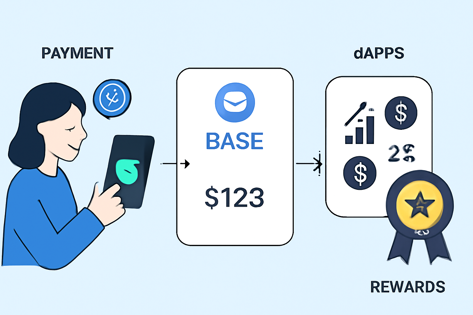 A user making a payment with USDC on Base, interacting with DeFi apps, and earning rewards, with icons for payments, dApps, and rewards.