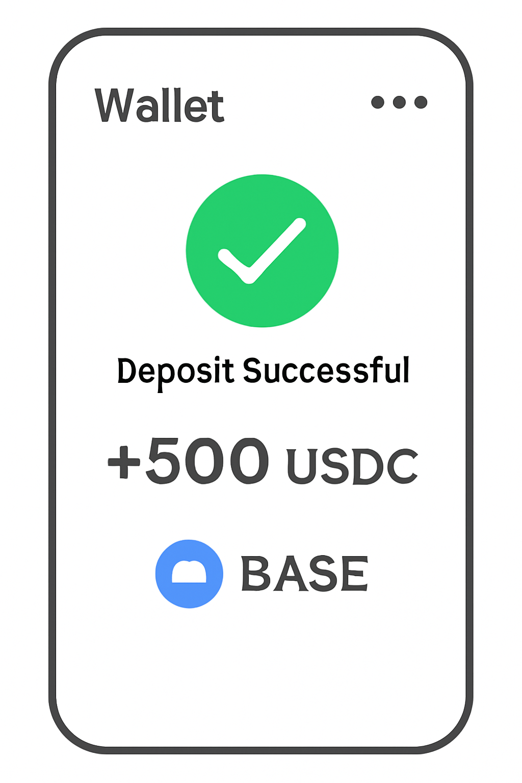 A wallet screen showing a successful deposit of native USDC, with a green checkmark and the Base logo.