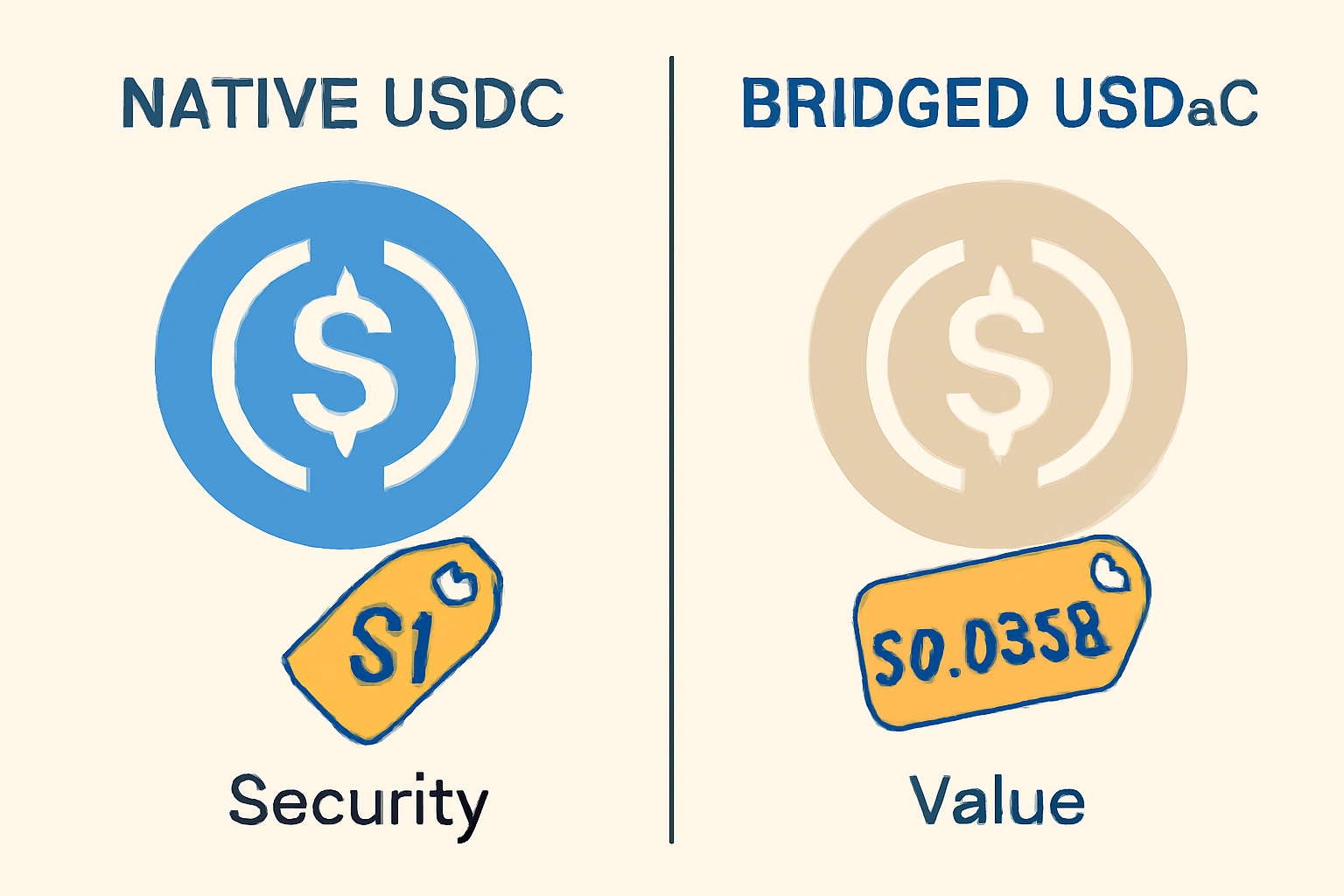 A side-by-side comparison of native USDC and bridged USDbC tokens, highlighting the security and value differences, with price tags showing $1 for native and $0.0356 for bridged.