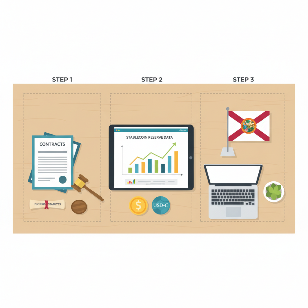 organized desk with legal documents, stablecoin reserve charts, Florida flag