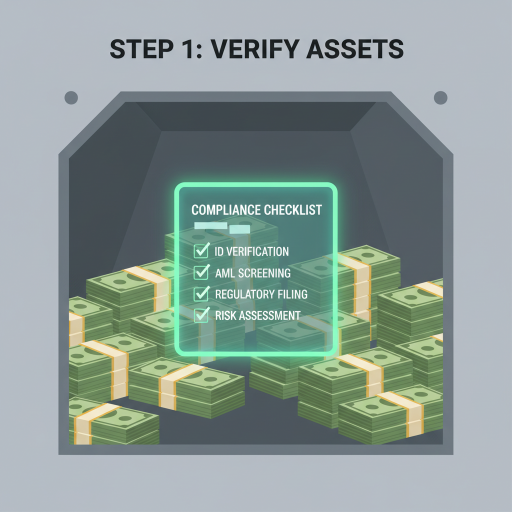 vault with USD and Treasury notes, compliance checklist glowing green