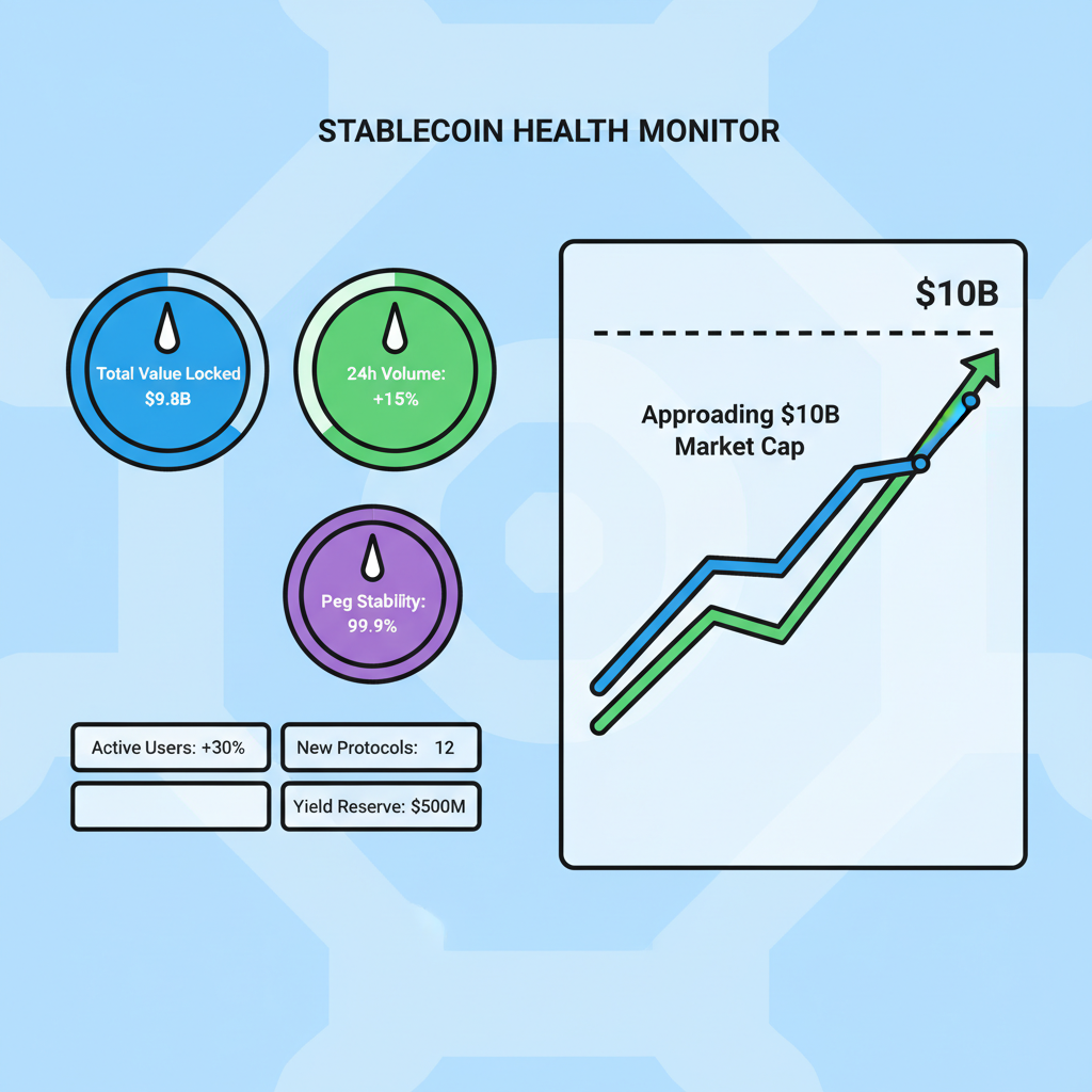 dashboard monitoring stablecoin metrics, growth chart approaching $10B line