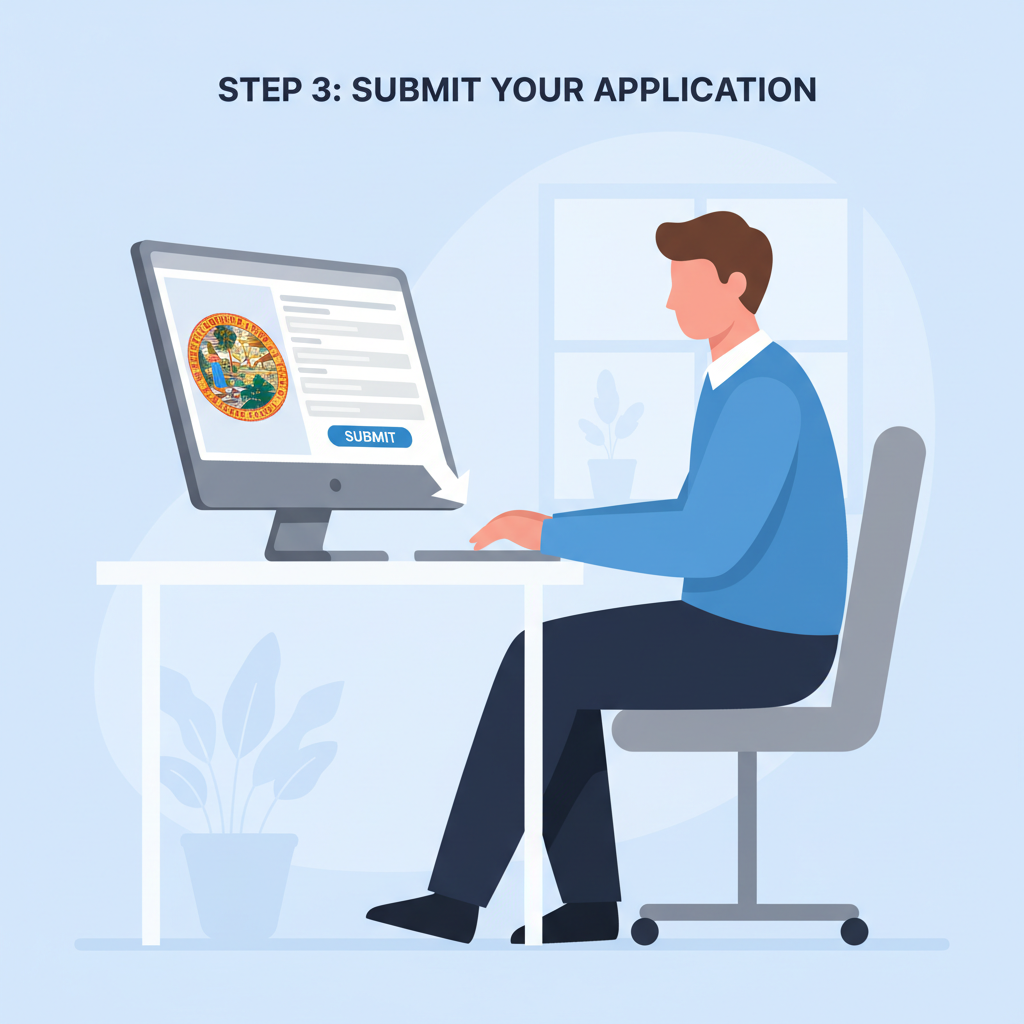 professional submitting digital application on computer, Florida state seal