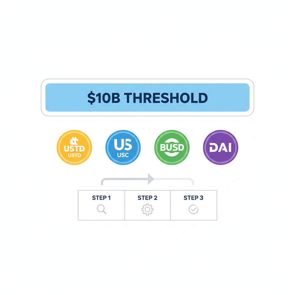 clean infographic showing $10B threshold bar with stablecoin icons below