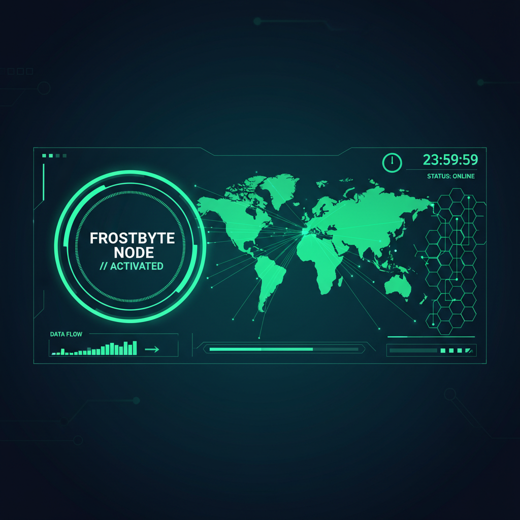activated Frostbyte node dashboard glowing green, traffic flow visualization, world map connections