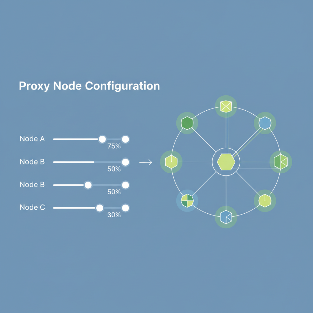 app settings panel adjusting proxy node sliders, network graph with decentralized nodes