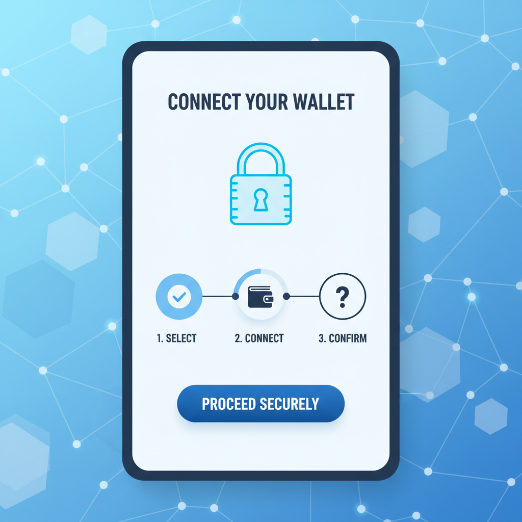 mobile app interface with wallet connection screen, secure lock icon, icy blockchain nodes background