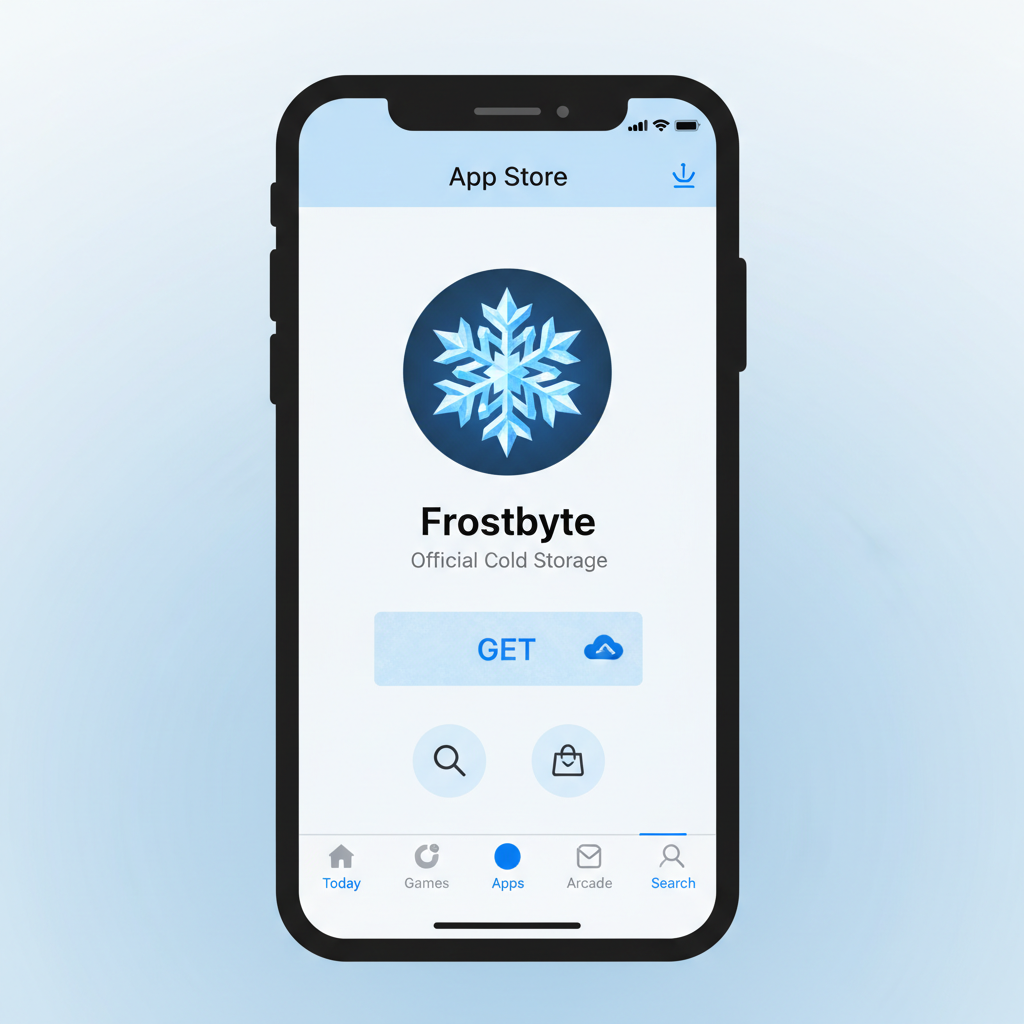 smartphone screen showing Frostbyte app download from official store, clean UI, blue ice theme