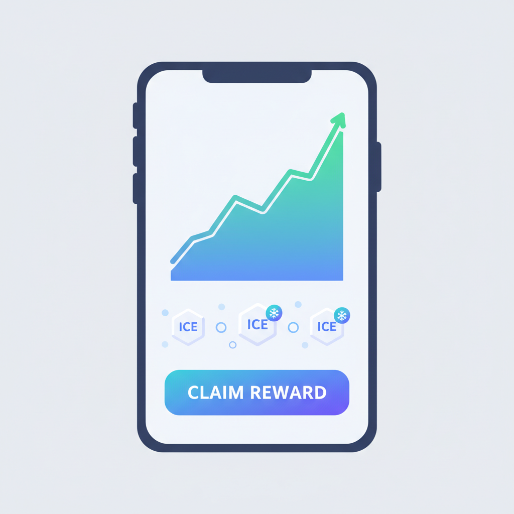 earnings chart in app with rising graph, ICE token icons, reward claim button