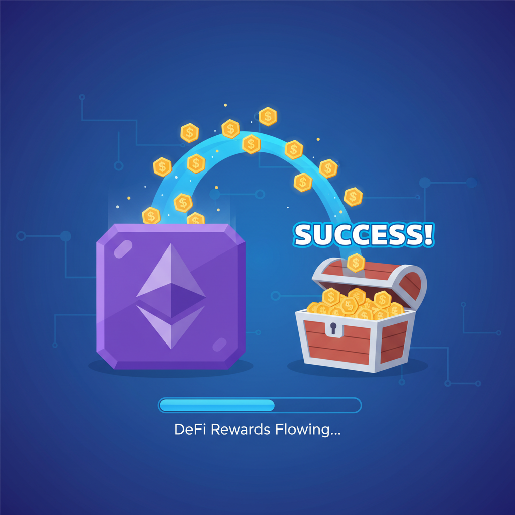 Extracting glowing profit tokens from executed Ethereum block, success animation, DeFi rewards flowing, celebratory digital art