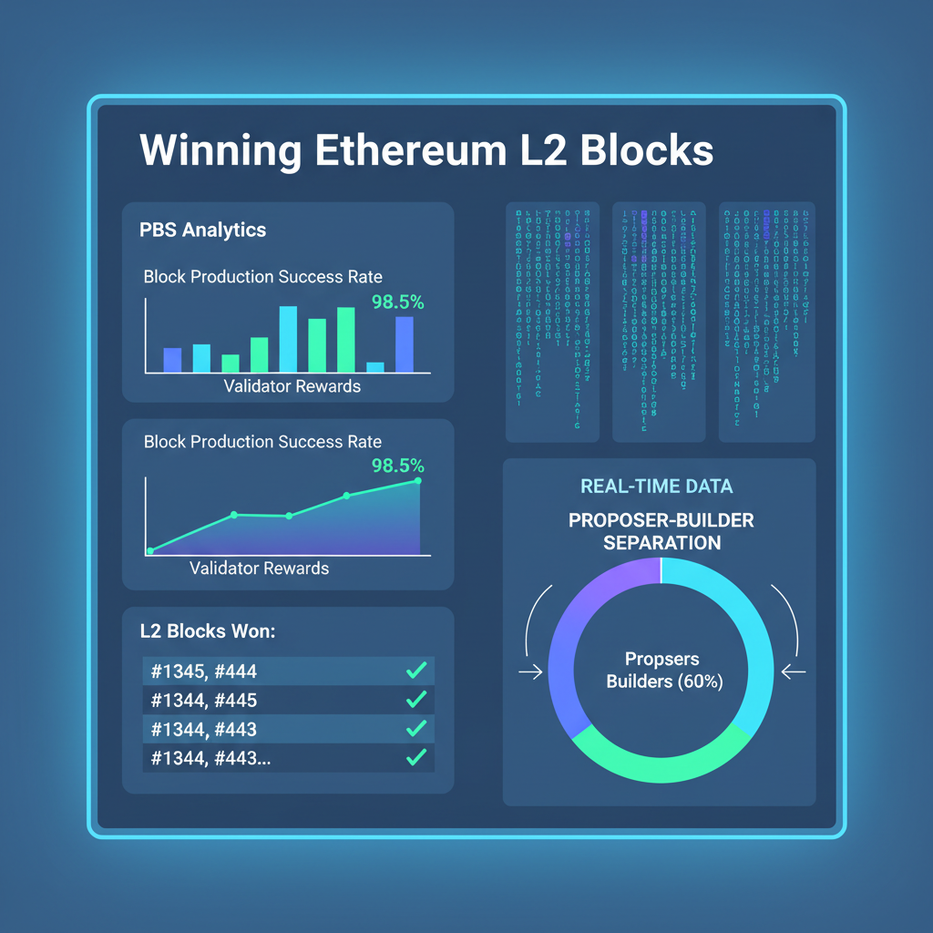 Dashboard monitoring winning Ethereum L2 blocks with PBS analytics graphs, real-time data streams, futuristic analytics screen