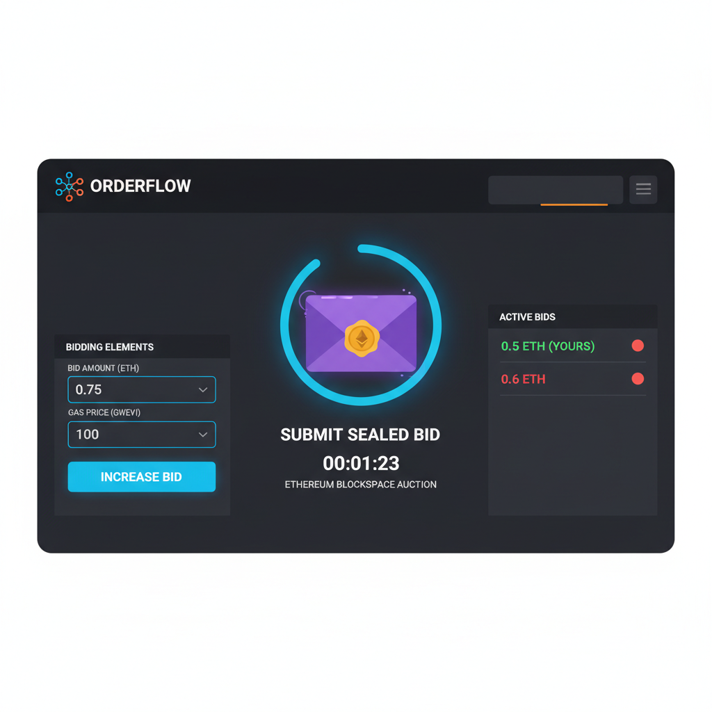Submitting sealed bid envelope in high-tech orderflow marketplace interface, Ethereum blockspace auction, dark mode UI with bidding elements