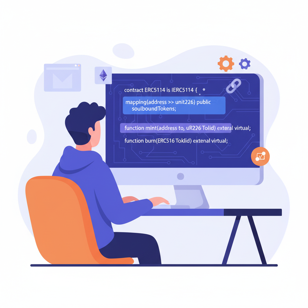 coder editing Solidity ERC-5114 soulbound token contract on screen, glowing code lines